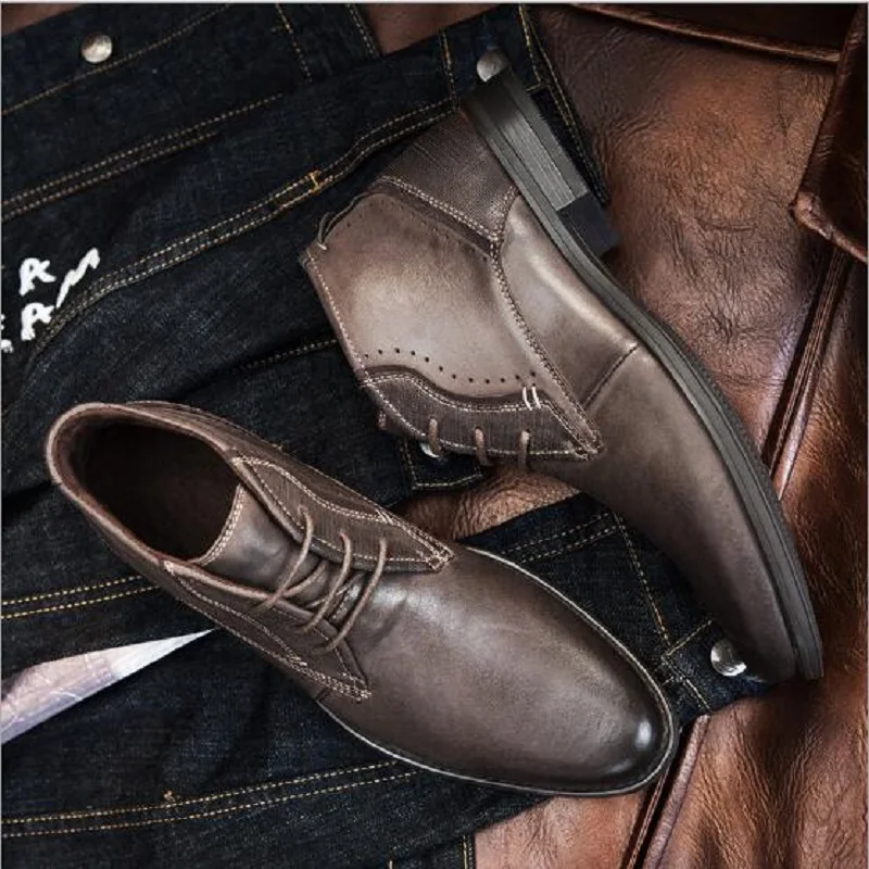 Мужские офисные Ботинки в британском стиле Черные ботильоны из натуральной кожи