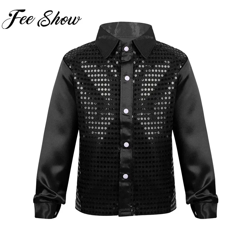 Kids Boys Jazz Street Tap Dance Shirts Stage Performance Dancewear Long Sleeve Shiny Sequin Top Children Cosplay Party Costume