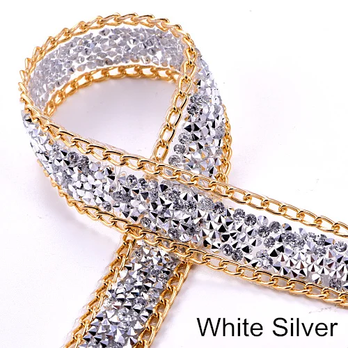 Silver-White 1 ярд 2 см Стразы горячего крепления отделка с цепочкой красочная Смола сетка исправление страз кристалл окантовка для свадебного платья B1247 - Цвет: Silver-White