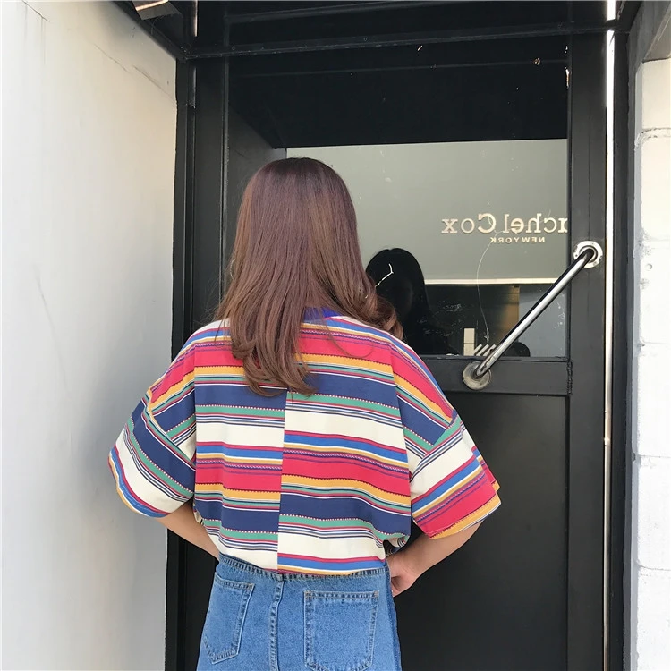 Женская Радужная футболка Ulzzang в полоску японском стиле Harajuku|Футболки| |
