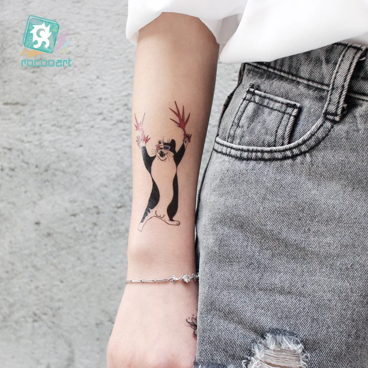 Временная татуировка для женщин Rocooart милое тату с животными кошачьими рыбками