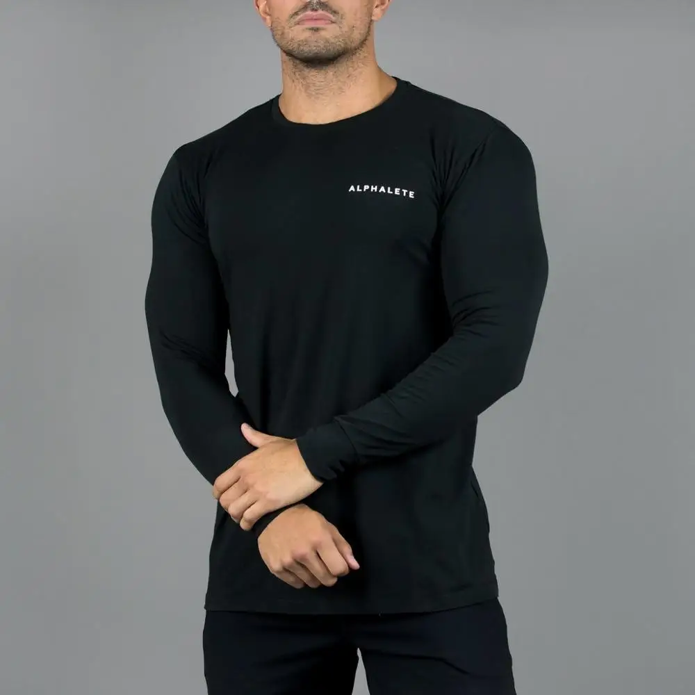 black ALPHALETE Новая мода новая мода тренажерные залы спортивные для бодибилдинга футболки Для мужчин с длинным рукавом Фитнес Для мужчин, одноцветные, высокое качество детские футболки - Цвет: black
