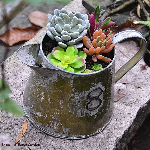

Handmade Rustic Paint Decorated Zinc Watering Can with Side Handle