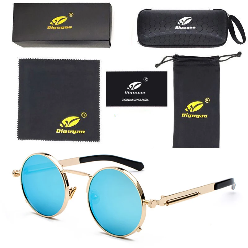 Oculos de sol feminino женские красные очки круглые стимпанк металлические пружины Поляризованные солнечные ретро-очки мужские uv400 Высокое качество - Цвет линз: Gold--Blue