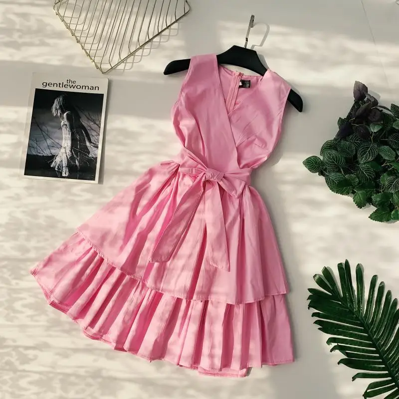 ALPHALMODA, летнее женское платье принцессы без рукавов с двойным слоем, с высокой талией, с поясом, для девушек, бальное платье, милое, с оборками, Vestidos