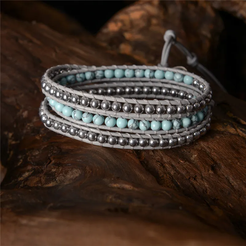 

Women Boho Bracelet Natural Stone 3X Leather Wrap Bracelet Stone Beaded Bracelet