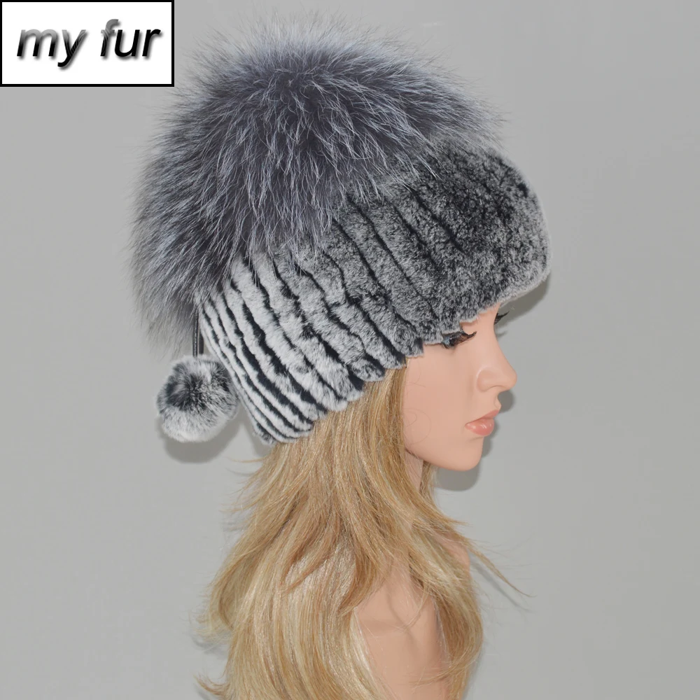 2020 новый натуральный шапка из меха кролика рекс Для женщин Зимняя теплая вязаная