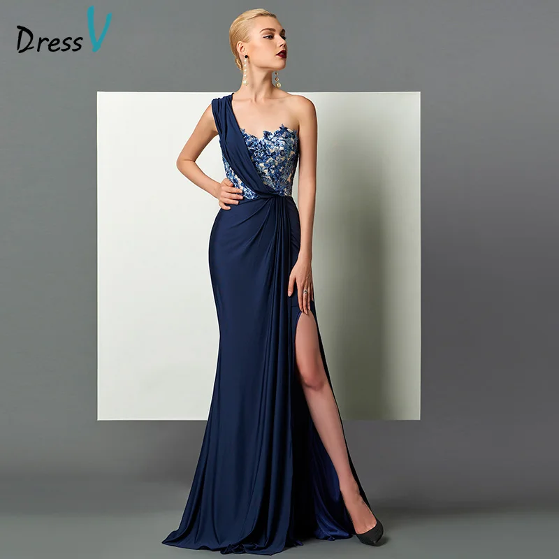 DressV темный темно синий длинное вечернее платье с разрезом спереди Драпированные