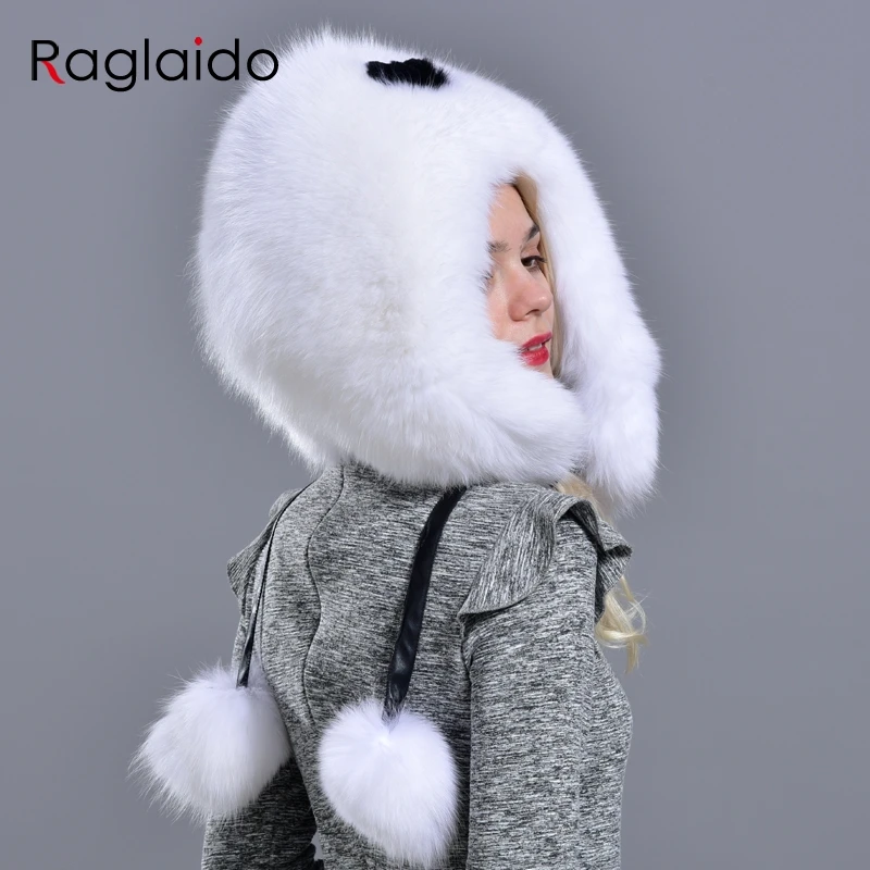 womens winter hats and caps natural fur fox hat with tails 2 balls fluffy fur elegant fashionable stylish warm hat with earflaps