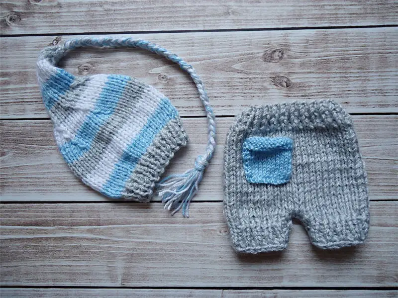 blue stripe Вязаная детская шапка и шорты, комплект для новорожденных, фото реквизит для новорожденных мальчиков голубой фото костюм шапка с длинным хвостом аксессуары для фотографирования новорожденных - Цвет: blue stripe