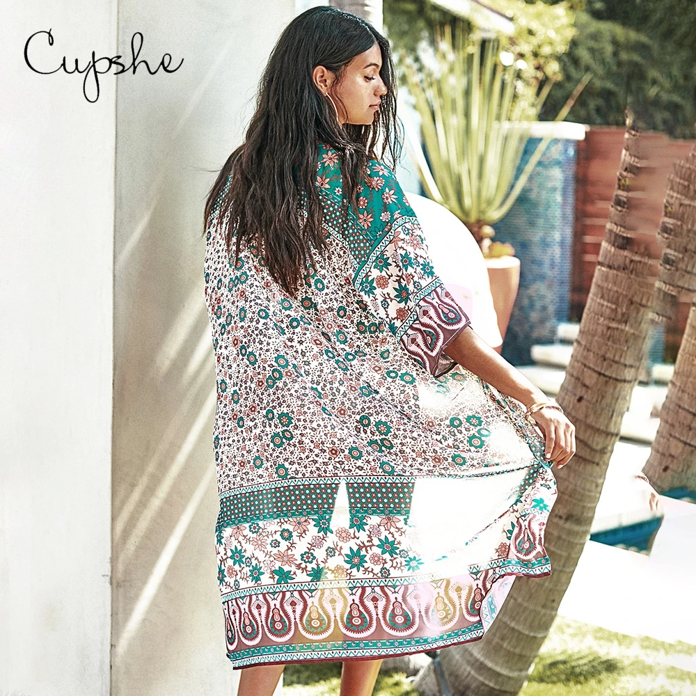 CUPSHE летнее женское платье Boho пляжное шифоновое покрывало розовый бирюзовый цветочный принт пляжное платье Femme кимоно