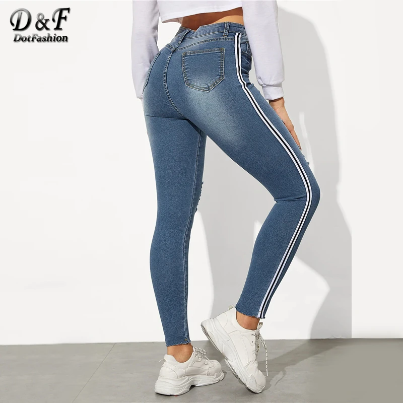 Dotfashion/женские обтягивающие джинсы в синюю полоску с боковыми рваными краями, летние повседневные узкие брюки, модные джинсовые брюки с пуговицами
