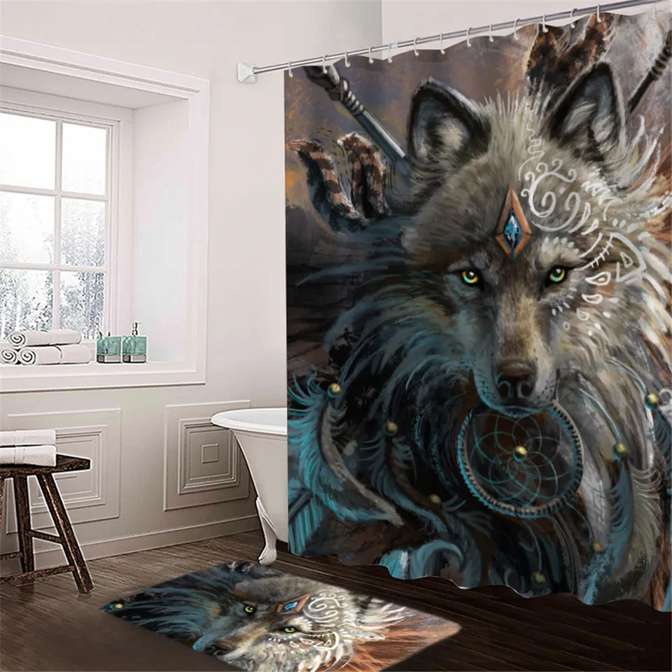 Wolf Warrior от SunimaArt душевая занавеска в комплекте Американский водонепроницаемый занавес для ванной из 2 предметов Хранитель снов с изображением волков Набор ковриков для ванной