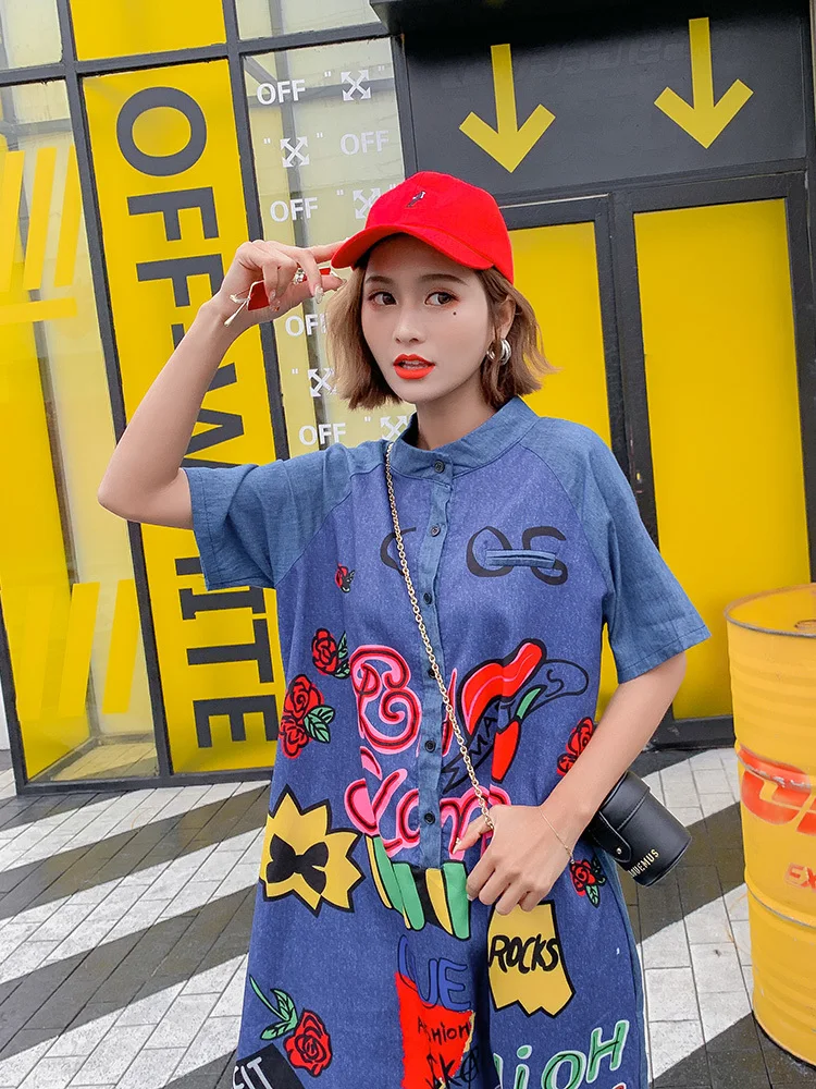 Vefadisa Women Personality Print Denim Jumpsuits Summer Short Sleeve Full Length Casual ZQY191A | Женская одежда