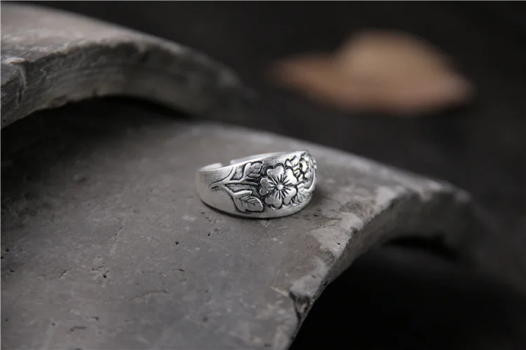Серебряное кольцо S999 с резным цветком сливы для женщин из тайского серебра