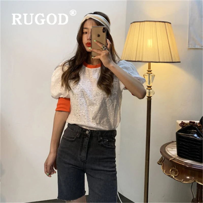 RUGOD/Винтажные женские футболки с оборками в Корейском стиле кружевные открытые