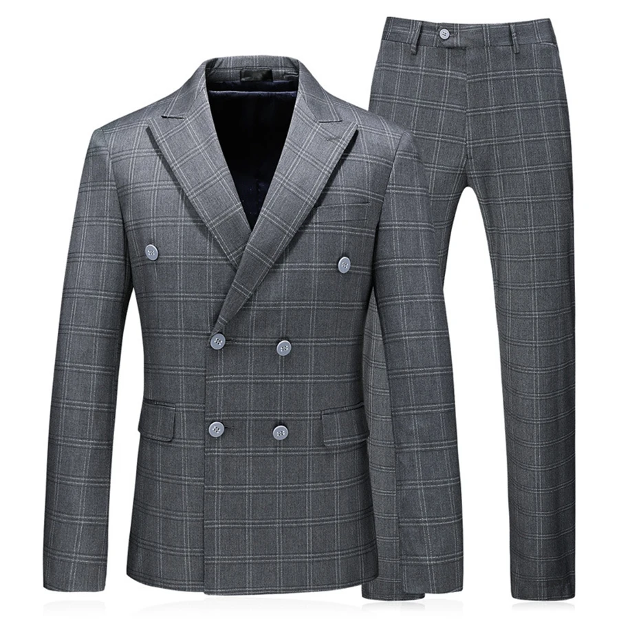3 Pieces Man Suit Classic Grey Plaid Double Breasted Wedding Business Suits For Men Slim Fit Coats England Male Tuxedos