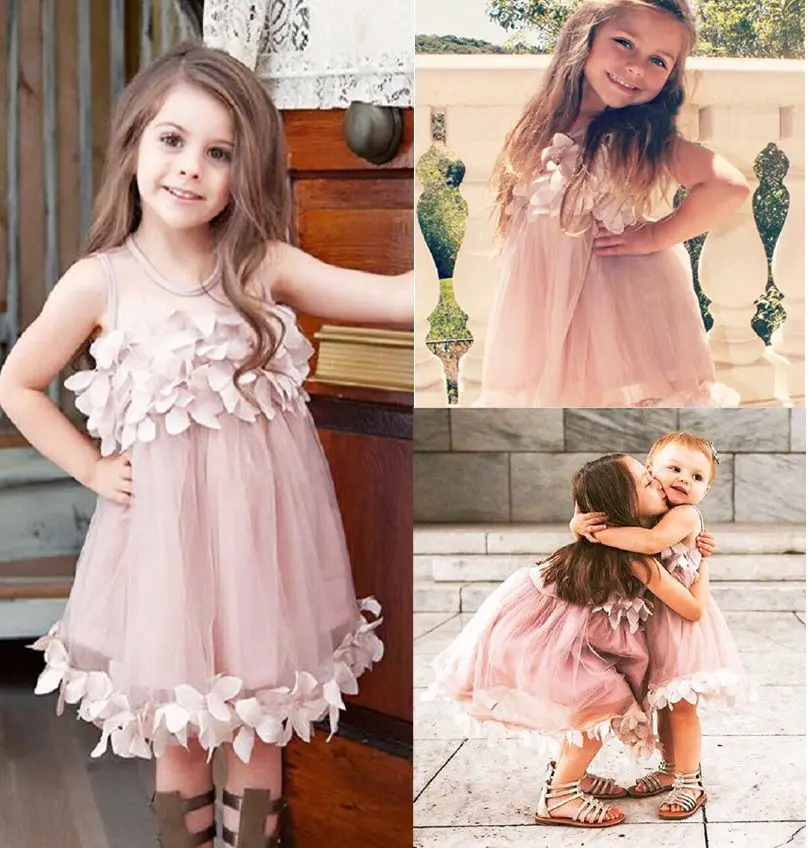 Kids Girls Princess Pink White Dresses Pageant Toddler Baby Girl Sleeveless Flower Tulle Petal Party Ball Gown | Детская одежда и