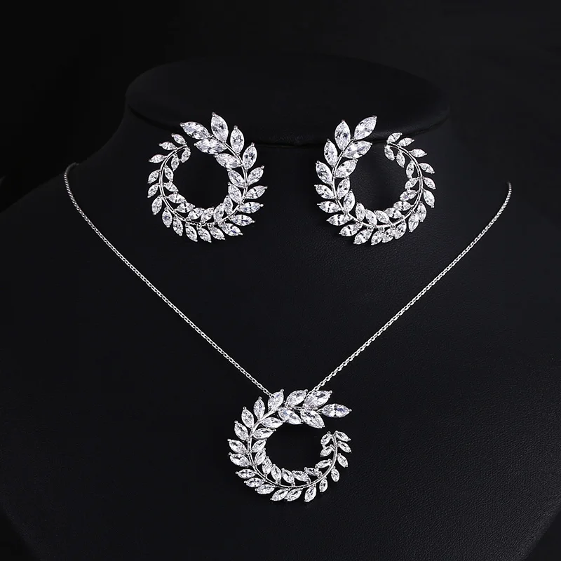 White Gold LXOEN Роскошные AAA циркон Оливковая ветвь кулон набор для женщин Мода белый розовое золото цвет Свадебные Ювелирные наборы Вечерние - Окраска металла: White Gold