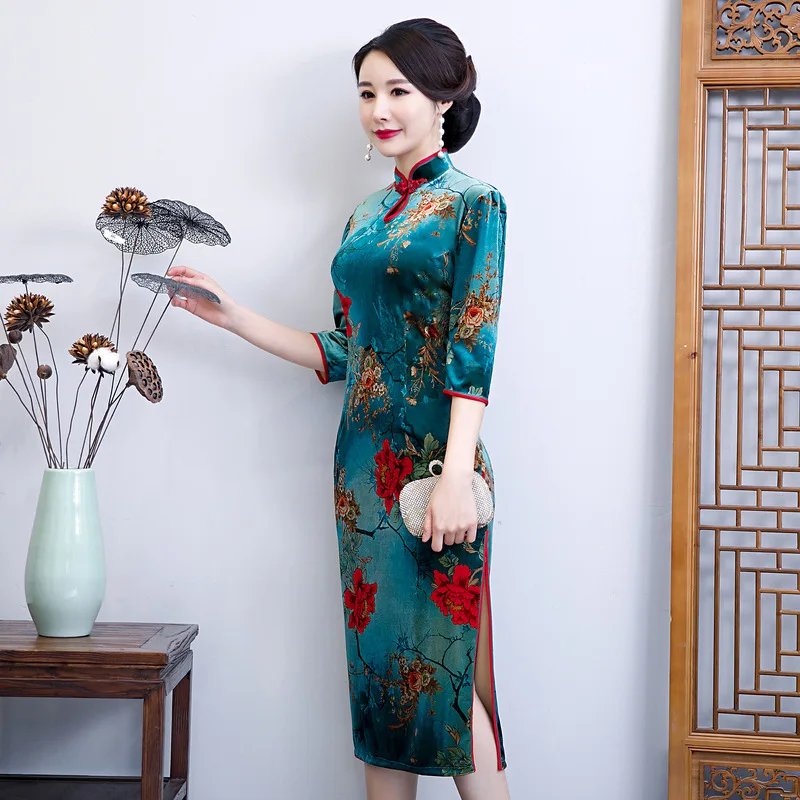 Китайский национальный Мандарин Воротник Cheongsam винтаж бархат дамы вечернее платье Элегантная одежда для сцены Qipao 3XL 4XL