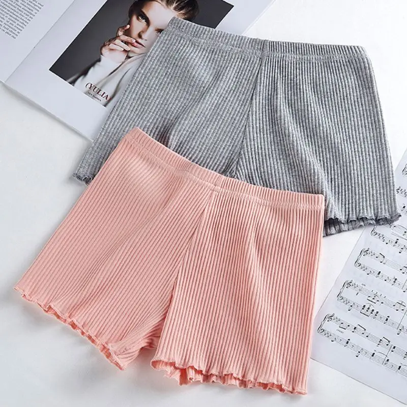 

Ladies Women Summer Safety Pants Thread Ribbed Striped Seamless Stretchy Underpants Solid Color Ruffled Agaric Hem Boxer Shorts