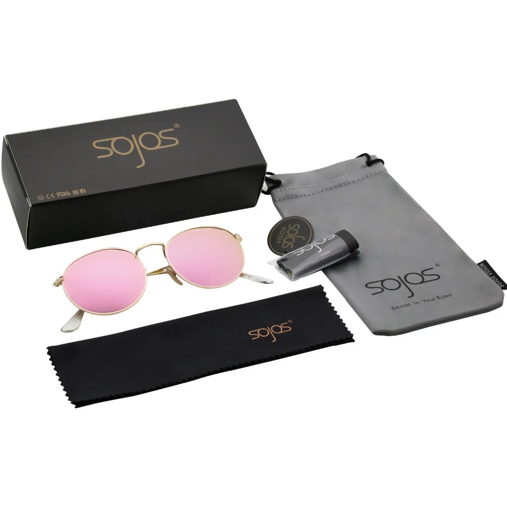 

SOJOS Retro classical metal sunglasses round style matte gold silver frame flash mirror lens women fashion highend 1014 UV400