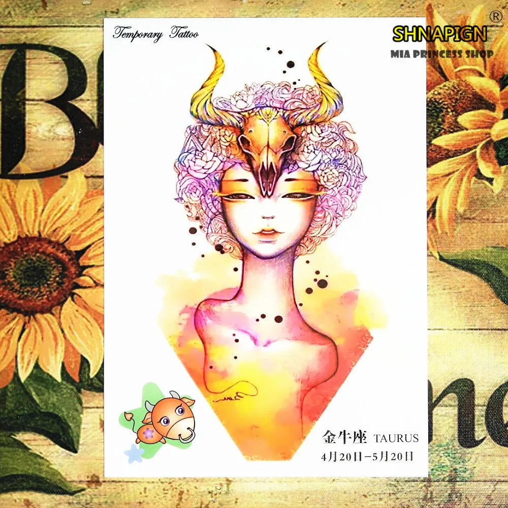 Taureus Новый дизайн 12 знаков зодиака временная татуировка наклейки вспышка 21*15 см