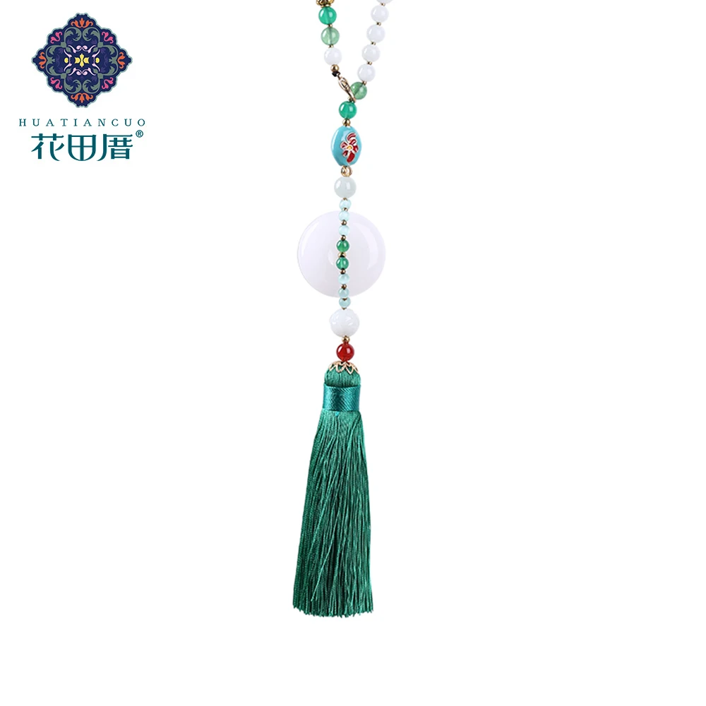 

Ethnic Handmade Tassel Pendant Necklace White J ade Buckle Em erald Lotus Green Red Stone Bead Rope Chain Woman Jewelry CL-17142