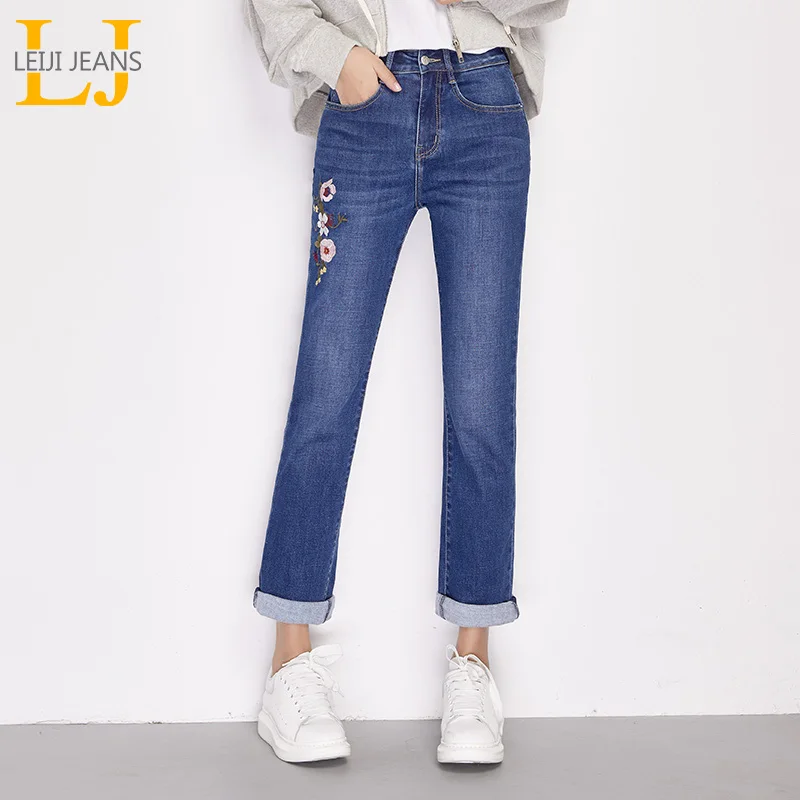 LEIJIJEANS 2019 Весна и лето новые приталенные узкие длинные прямые джинсы с цветочной