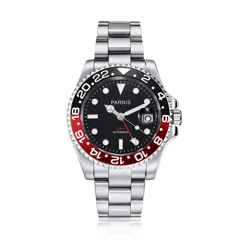 

New Parnis 40mm Black Red Bezel Automatic Mechanical Men's Watches Red GMT Stainless Steel Bracelet Calendar Watch reloj hombre