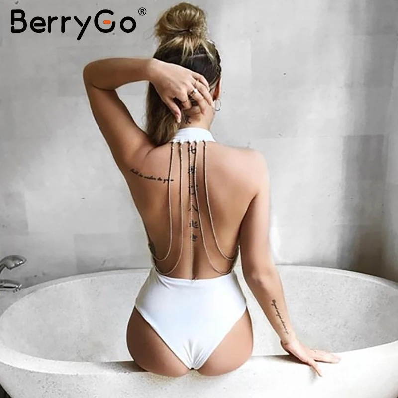 BerryGo металлической цепью bodycon боди комбинезон сексуальные спинки Холтер Женщины