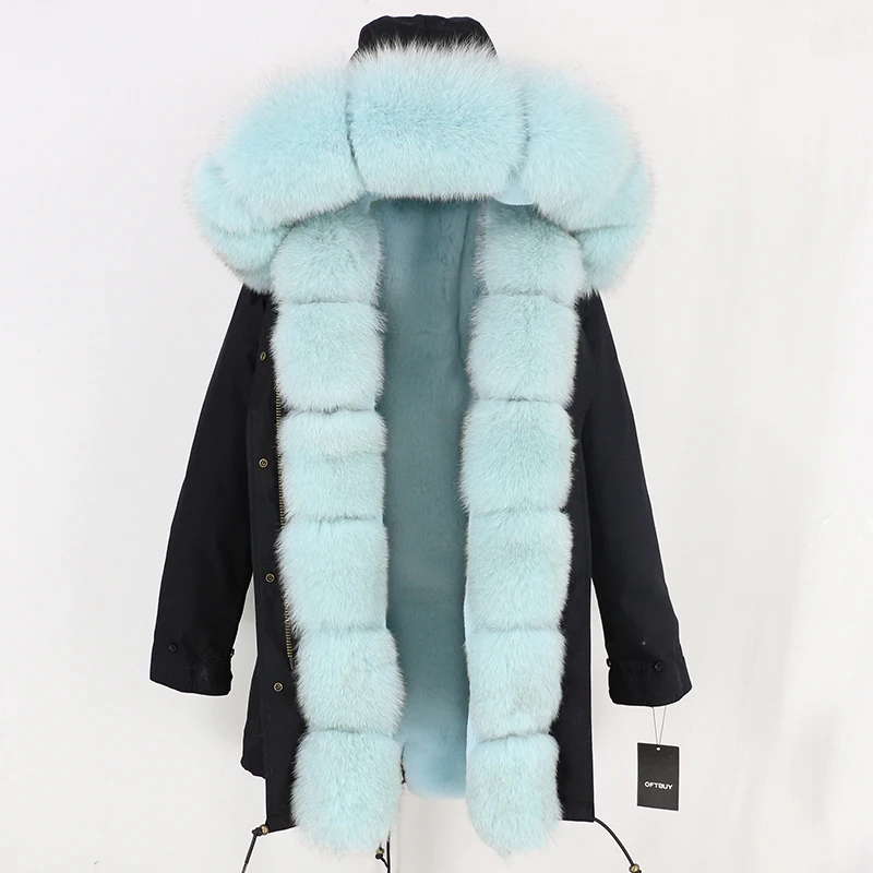 OFTBUY длинная парка с воротником из натурального Лисьего меха, пальто из натурального меха, зимняя женская куртка, Толстая теплая брендовая Роскошная Съемная уличная одежда - Цвет: black light blue