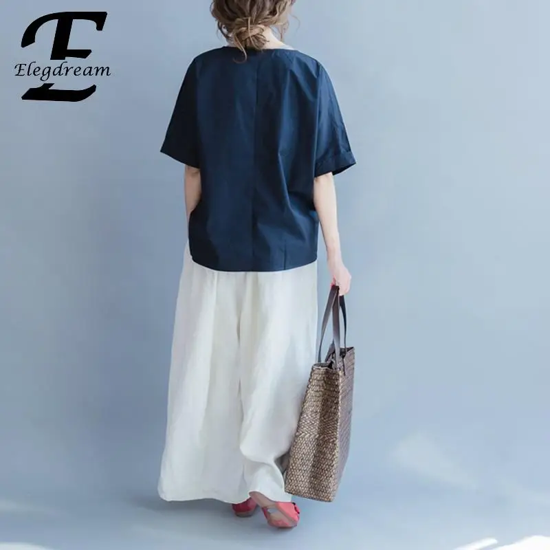 Женская однотонная короткая рубашка Elegdream Повседневная Свободная блузка синего