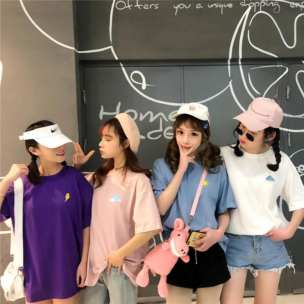 Женская футболка пастельных цветов Harajuku Ulzzang хлопковая простая с вышивкой для