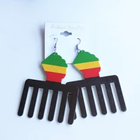 tribal unfinished painting wood hollow out africa map hair brush comb drop earring retro handmade wooden african hiphop jewelry
