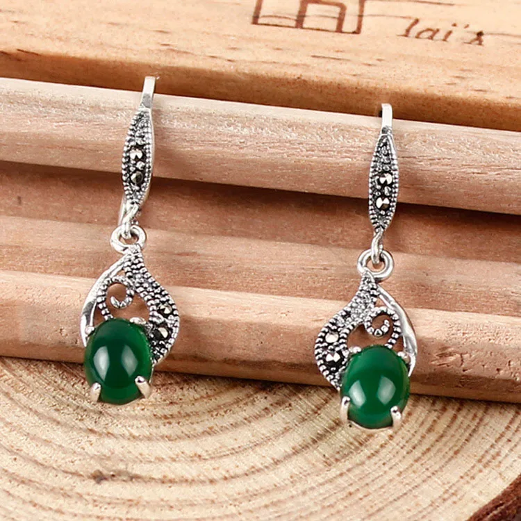 Green Agate FNJ 925 серебряные серьги-капли для женщин натуральный зеленый желтый черный камень oorbellen Длинные brincos S925 Серебряные Серьги - Окраска металла: Green Agate