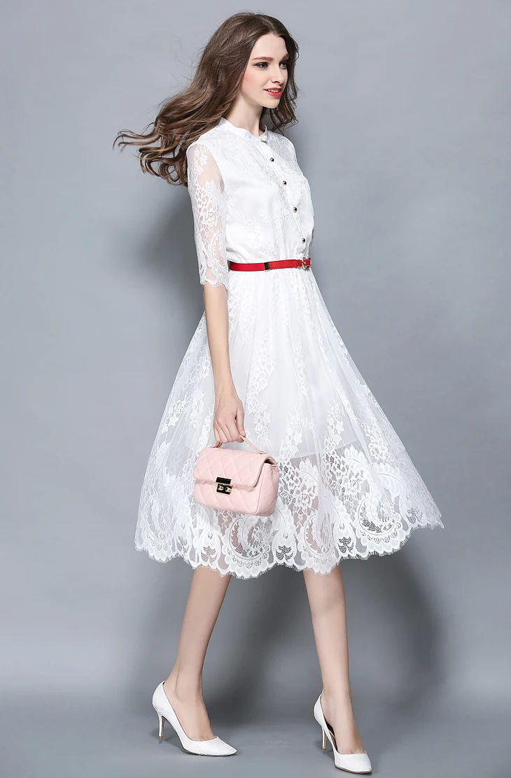 New Dress 2017 Весенняя Мода Выдалбливают Элегантный Белый Черное Кружево Партия