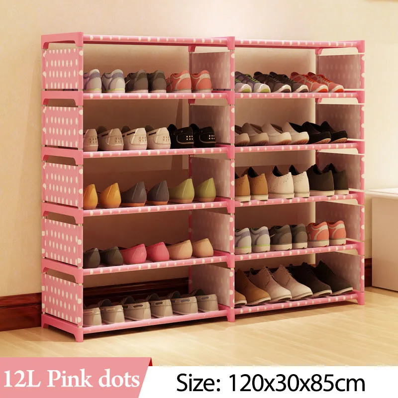 12L Pink dots Двухрядные 6 ярусная полка для обуви нетканых материалов шкаф, органайзер для хранения полки обувной шкаф стильная Полочка для книг Гостиная мебель - Цвет: 12L Pink dots