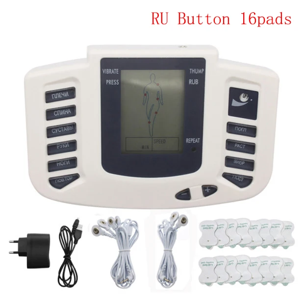 RU Button 16pads Электрический аппарат для стимуляции мышц русский кнопочный терапевтический массажер импульсный акупунктурный массаж всего тела Расслабляющий уход 16 подушечек - Цвет: RU Button 16pads