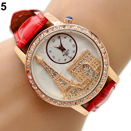 Hot Sales Women Fashion Eiffel Tower Crystal Dial Faux Leather Band Quartz Wrist Dress Watch 01V1 2VY8 | Наручные часы