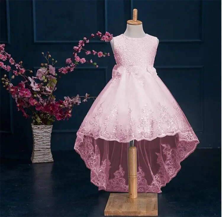 C0180pink Праздничные платья для девочек; коллекция года; сезон осень-зима; платье принцессы с длинными рукавами и кружевным шлейфом и цветочным узором для девочек; Детский костюм; детское свадебное платье - Цвет: C0180pink