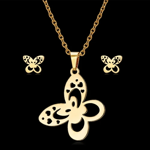 butterfly3 Rinhoo набор ювелирных изделий с животными, собаками, бабочками, дельфинами, сердечками, звездами, листьями, женский золотой цвет, ожерелье из нержавеющей стали, серьги, ювелирный набор - Окраска металла: butterfly3