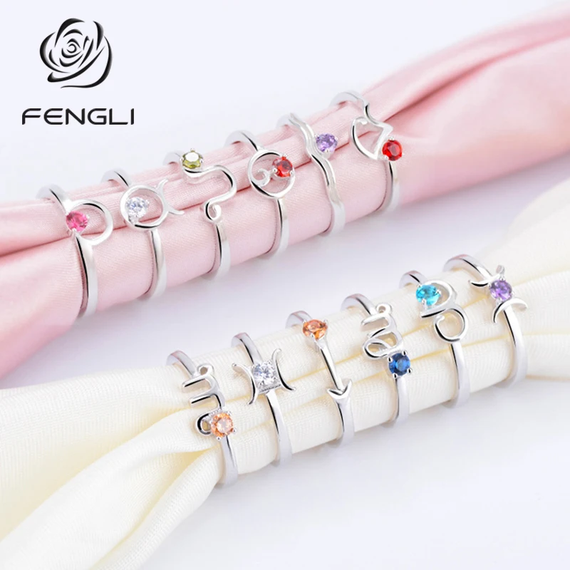 FENGLI 12 созвездия зодиака знак палец кольца для женщин девочек серебряное кольцо красочное кольцо из хрусталя подарок на день рождения