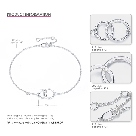 Silver Color Браслеты eManco из стерлингового серебра 925 пробы, простой двойной круг, браслет дружбы, браслеты для женщин, хорошее ювелирное изделие, подарки, Прямая поставка - Окраска металла: Silver Color
