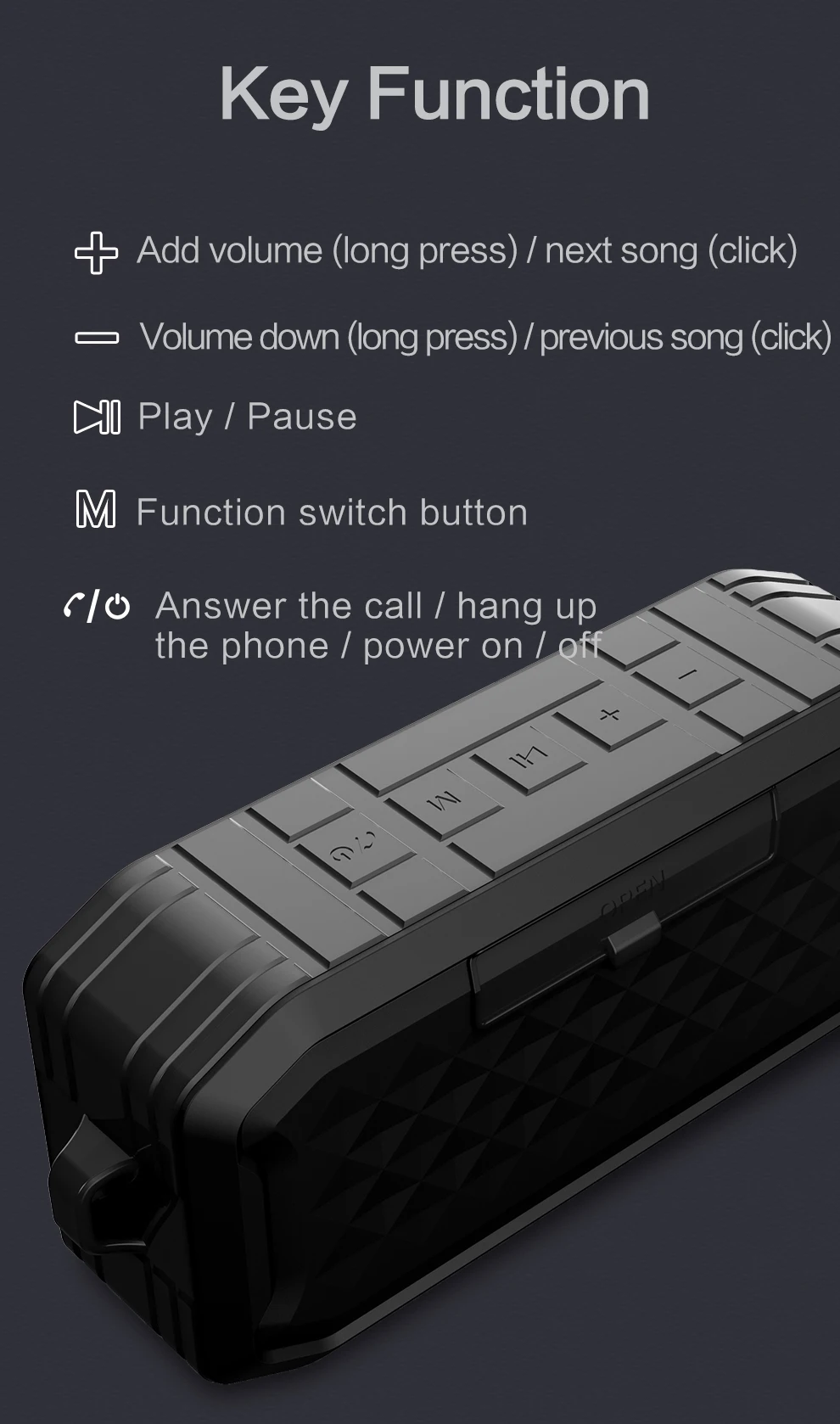 Portable wireless Bluetooth Speaker with FMradio and Stereo 3D Bass Sound Water&Dust&Fall Proof Handfree 1200mah Built-in Power