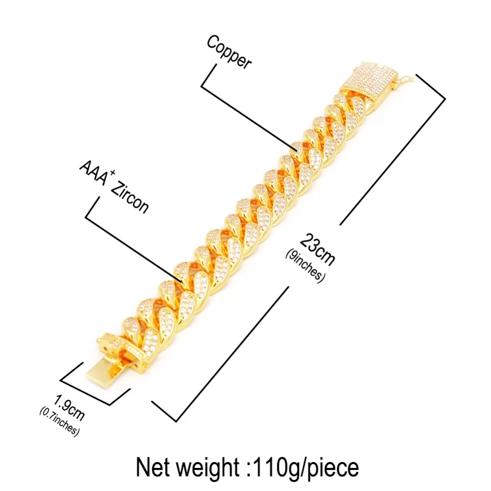 CY&ampCM 2cm CZ Cuban Chain Bracelet Gold Silver Plated Hip Hop Iced Out Cubic Zirconia Shiny Copper Necklace Men Women Jewelry Set |