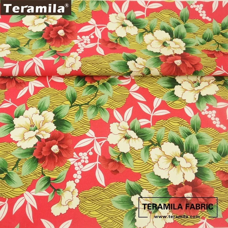 Teramila Cotton Poplin Fabric Red Fat Quarter Meter Quilting Printed Flower Design Dress Chirdren's Cloth Patchwork Sewing|patchwork sewing|cotton