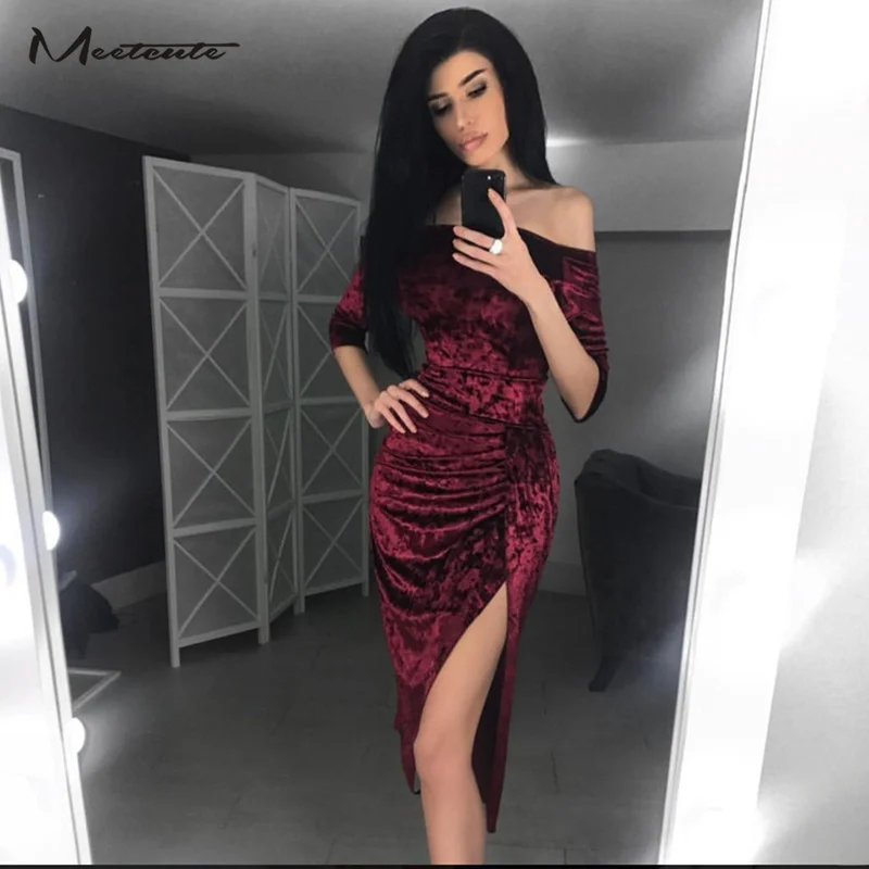 Meetcute New Winter Side Slit Velvet Dresses Woman Wine Red Vintage Dress Off Shoulder Slim Split Elegant Evening Party Vestidos | Женская