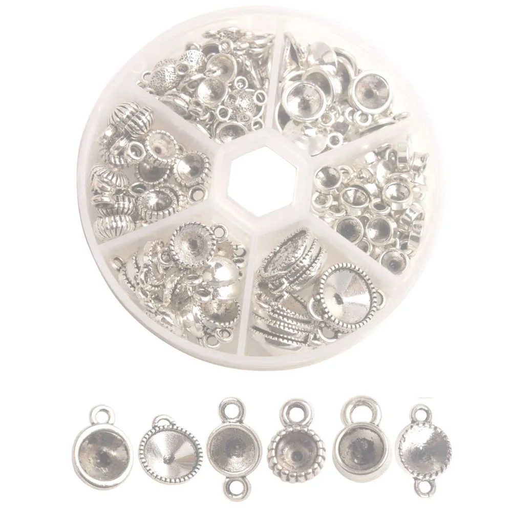 

Whole Sales 135PCS/Box Antiqued Silver Metal Rivoli Setting Links Charms for Jewelry Making 6 Styles