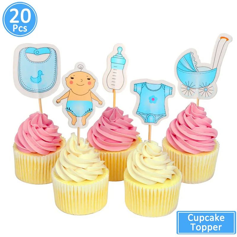 18 шт. синие розовые украшения для кексов Babyshower для мальчиков и девочек вечерние украшения для вечеринки в честь рождения мальчика товары для дня рождения - Цвет: 20pcs blue toppers